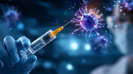 Targeted therapy medical research poster, innovative pharmaceutical drug development visualization, antibody conjugate, precision oncology, scientific presentation, with copy space