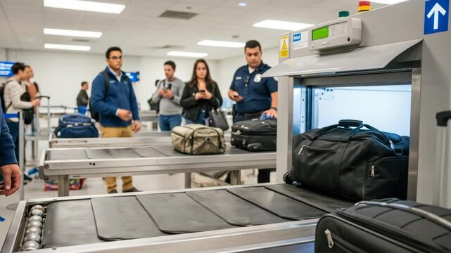 Man places duffel bag on airport security conveyor for luggage scan process. Airport security screening checkpoint for travel safety.