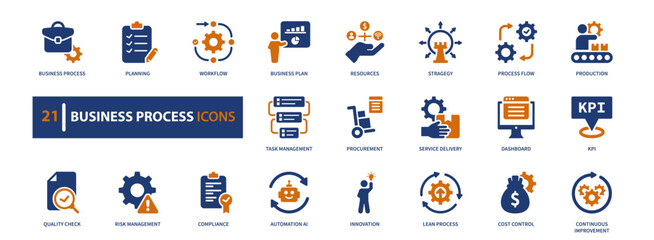 business process icon set, Solid style, vector illustration