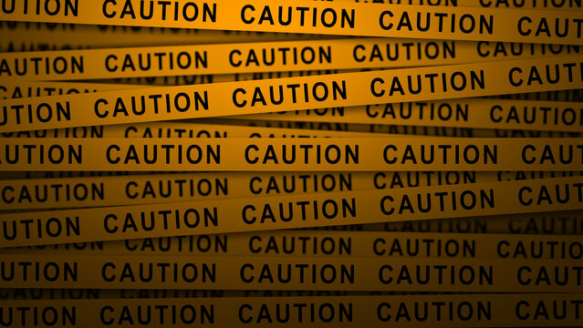 Multiple layers of yellow caution tape, each printed with the word "CAUTION" in bold, black letters. The tapes are stacked and overlapping. Themes of danger, warning, security, and restriction