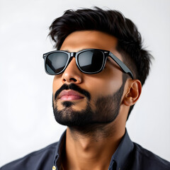 Portrait of a handsome young man wearing sunglasses and black shirt looking up
