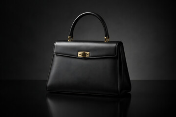 Elegant black leather luxury handbag with gold hardware clasp and top handle sitting on a dark reflective surface for high end fashion retail concept