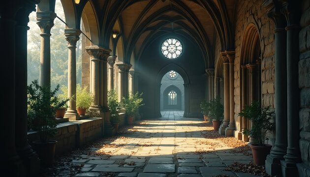 Stone cloister hallway with arched windows and columns. Sunlight streams through, illuminating fallen leaves on the floor. Potted plants line the walkway creating a mystic atmosphere.