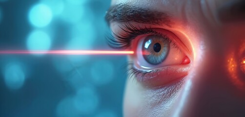 Human eye undergoing laser treatment. Red beam scans iris, correcting vision. Futuristic medical procedure for sharp sight. Modern eyesight correction.
