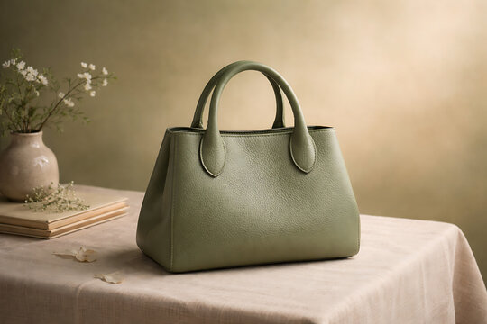 Stylish olive green textured leather handbag with rounded handles and a spacious design perfect for everyday luxury fashion photography on a linen surface