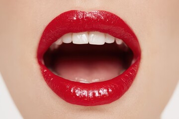 Obraz premium High-detail close-up of lips and teeth with vibrant lipstick on a plain white surface