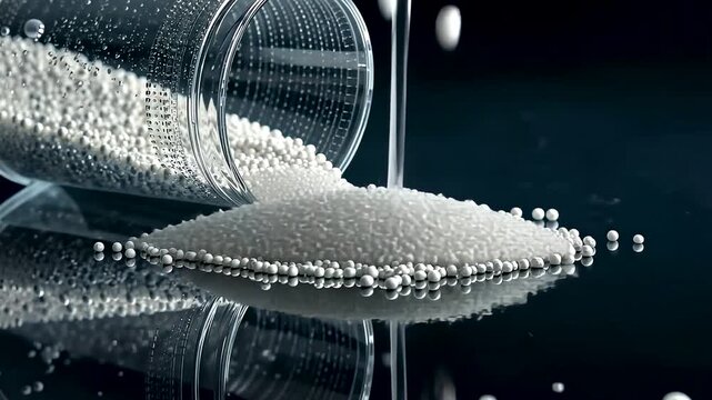 White Granular Pellets Spilling From Transparent Container Onto Dark Reflective Surface Showing Industrial Material Texture and Clean Detail