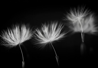 Obraz premium Black and white image of three dandelion seeds floating in the air