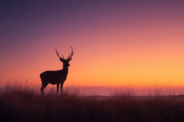 Fototapeta premium Isolated deer silhouette against a sunset sky in a tranquil meadow