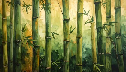 Vibrant painting of bamboo stalks with green leaves, evoking a sense of nature and calmness