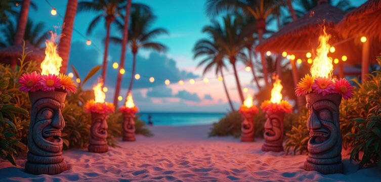 Tropical beach at dusk with lit tiki torches adorned with flowers. Palm trees and string lights create a festive atmosphere for a luau celebration by the ocean.