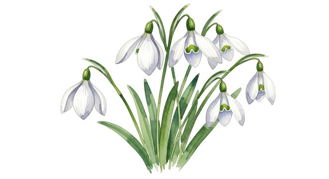 Watercolor snowdrop flowers with green stems and leaves