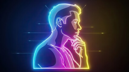 Neon Silhouette of a Man Thinking, Futuristic Cyberpunk Style