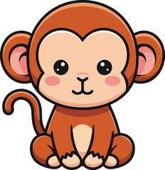 Cute cartoon monkey sitting isolated on with big eyes and sweet expression