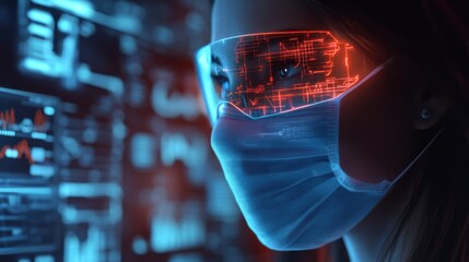 A skilled female scientist meticulously analyzes complex data in a dynamic cyberspace using cuttingedge technology to enhance her research and foster innovations in medical diagnostics and healthcare