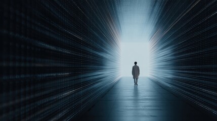 Person walking towards the end of a tunnel. the tunnel appears to be made of concrete and has a dark blue color. the person is wearing a white robe and is walking towards a bright light at the end.