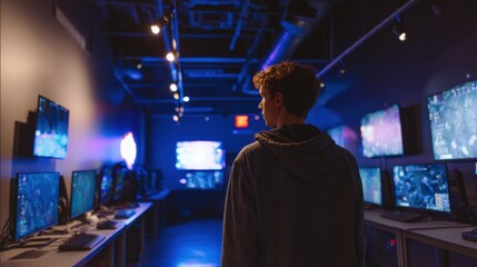 Young man standing in front of multiple computer monitors in a gaming room. he is wearing a denim jacket and appears to be focused on the screens.