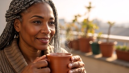 Mature female with gray braids holding a steaming mug of tea outdoors. Cozy morning lifestyle concept