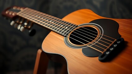 headstock. Acoustic guitar resting on a wooden stand, highlighting strings and soundhole with warm lighting. tutorial guides, club newsletters, designed for tourism and weekend activity guides.