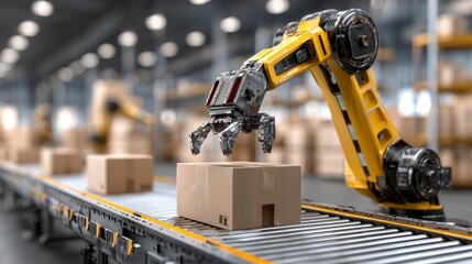 A robotic arm, bathed in warm light, carefully moves a cardboard box along a factory conveyor belt. The scene hints at automation