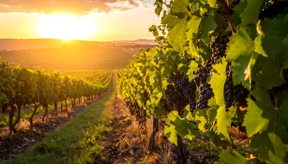 Naklejka premium Vineyard rows stretch to a golden sunset, grapes hanging ripe, bathed in warm light