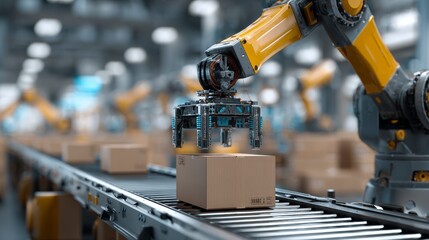 A robotic arm places a package on a conveyor belt in a modern industrial setting. Other arms are visible in the blurry background