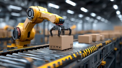 A factory assembly line with a yellow robotic arm placing a cardboard box onto a conveyor belt; more boxes in the blurred background