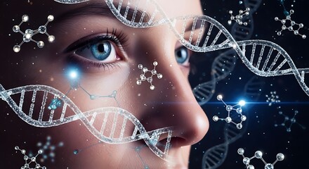 Futuristic Concept of Human Genetics with Woman's Face Overlaid by Glowing DNA Double Helix and Molecules