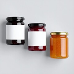 Three glass jars of preserves, each with a blank label