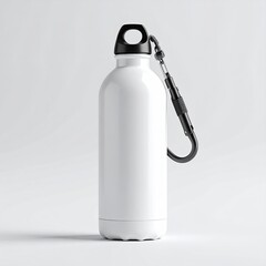 Blank white stainless steel water bottle with black carabiner