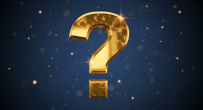 Golden question mark on dark blue backdrop with light spots, representing uncertainty, query, mystery or unknown concept, perfect for business related topics