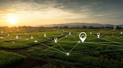 A field of crops under a sunset sky with a network of location markers and lines overlaying the scene
