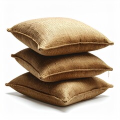 Three stacked, light brownish-tan square throw pillows.  A textured, woven pattern is visible on the fabric.  Simple, neutral design