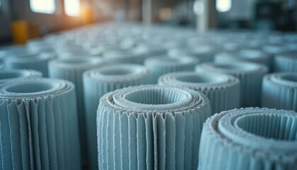 Rows of new cylindrical furnace filters stacked neatly in factory. Air filtration components pleated paper elements ready for industrial use. Ensure clean air quality, system efficiency. Potential