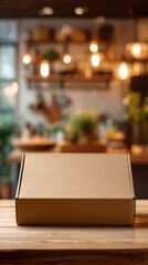 Parcel package on counter with blurred cafe background, pickup and delivery service concept