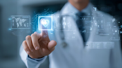 Doctor using virtual screen for medical document verification connected to healthcare network with digital technology concept showcasing modern medical innovation and efficient healthcare solutions