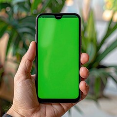 Hand holding smartphone with green screen