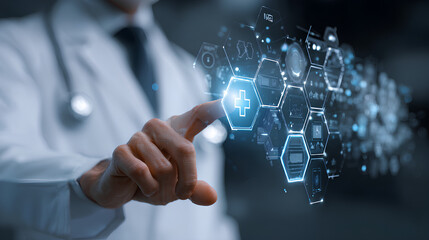 Doctor using virtual screen for medical document verification connected to healthcare network with digital technology concept showcasing modern medical innovation and efficient healthcare solutions