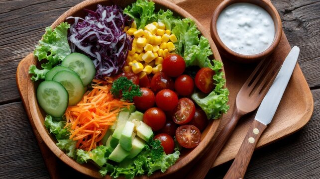 Fresh garden salad preparation kitchen counter food photography bright lighting close-up healthy eating concept - Powered by Adobe