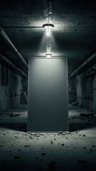 Dim Concrete Basement Corridor with Single Hanging Light.