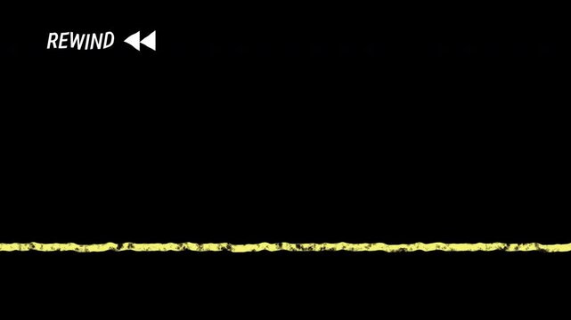 A bold rewind arrow symbol for VHS tape, featuring distortion and noise effects, designed for retro film and video editing, with a golden yellow color palette. 4K resolution.