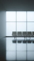 Empty airport lounge seating by window, minimalist travel waiting area background