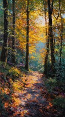 Fototapeta premium Autumn forest path painting