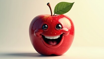 Red apple with green leaf has big smile showing white teeth. This funny fruit character has cartoon eyes and mouth, seems very happy and cheerful. A cute food mascot is smiling.