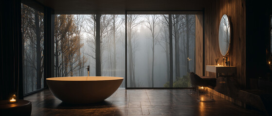 luxury spa bathroom with forest view, modern bathtub interior nature view, serene wellness bathroom design
