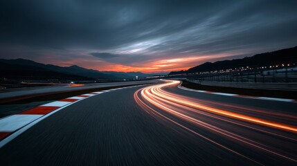 Long exposure shot of a race track at sunset, with light streaks following the curves. Hilly landscape and dark clouds