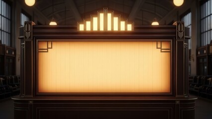 Empty Art Deco Theater Stage with Warm Backlit Screen.