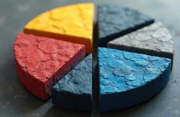 Abstract pie chart with textured triangle segments in red, yellow, blue, and grey colors. Geometric graphic for data visualization and business analytics concepts.