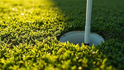 tennessine. Fresh divot mark on golf course turf with upturned grass and morning dew. real-estate listings, architecture portfolios, designed for interior renovation comparisons for interiors.