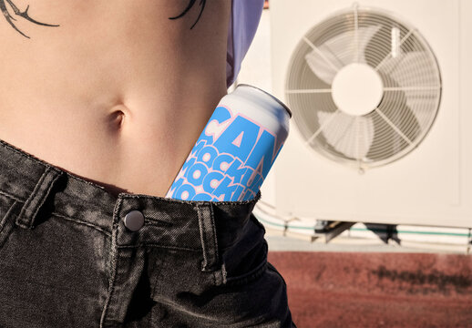 Woman Outdoors Posing With a 500 ml 16,9 oz can. PSD template mockup.